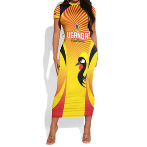 Custom Uganda Cricket Short Sleeve Bodycon Dress Go Champions - African Pride