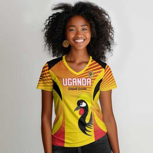 Custom Uganda Cricket Women V-Neck T-Shirt Go Champions - African Pride