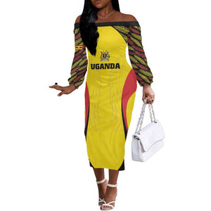 Custom Uganda Cricket Off The Shoulder Long Sleeve Dress Come On Cricket Cranes - African Pride