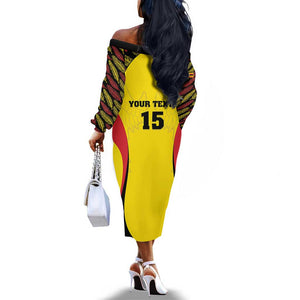 Custom Uganda Cricket Off The Shoulder Long Sleeve Dress Come On Cricket Cranes - African Pride