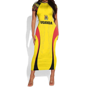 Custom Uganda Cricket Short Sleeve Bodycon Dress Come On Cricket Cranes - African Pride