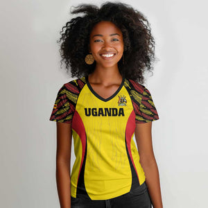Custom Uganda Cricket Women V-Neck T-Shirt Come On Cricket Cranes - African Pride