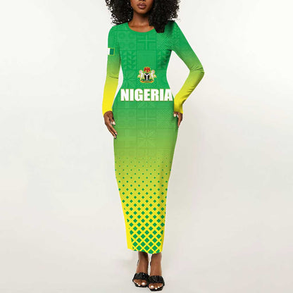 Custom Nigeria Cricket Long Sleeve Bodycon Dress Go Yellow Greens - African Pride