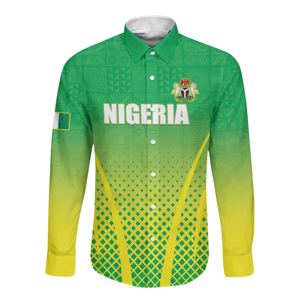 Custom Nigeria Cricket Long Sleeve Button Shirt Go Yellow Greens - African Pride