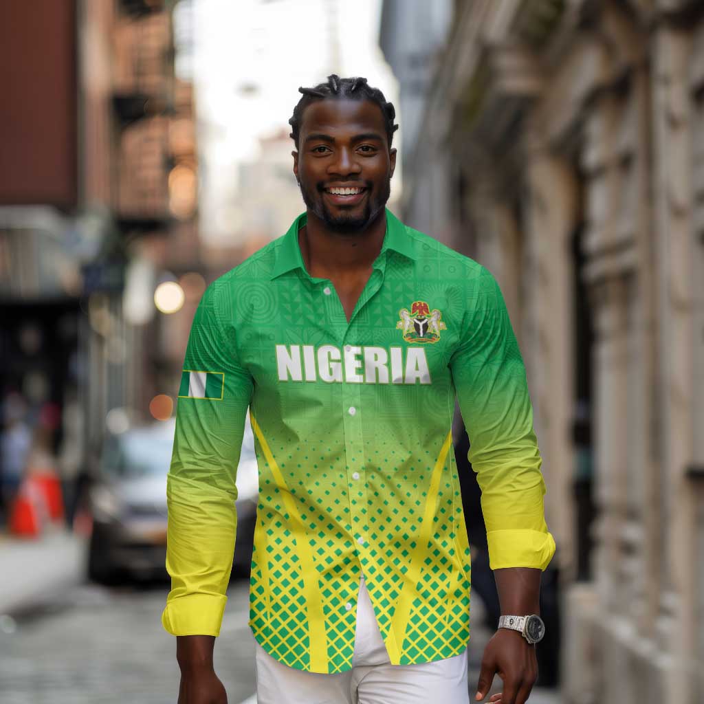Custom Nigeria Cricket Long Sleeve Button Shirt Go Yellow Greens - African Pride