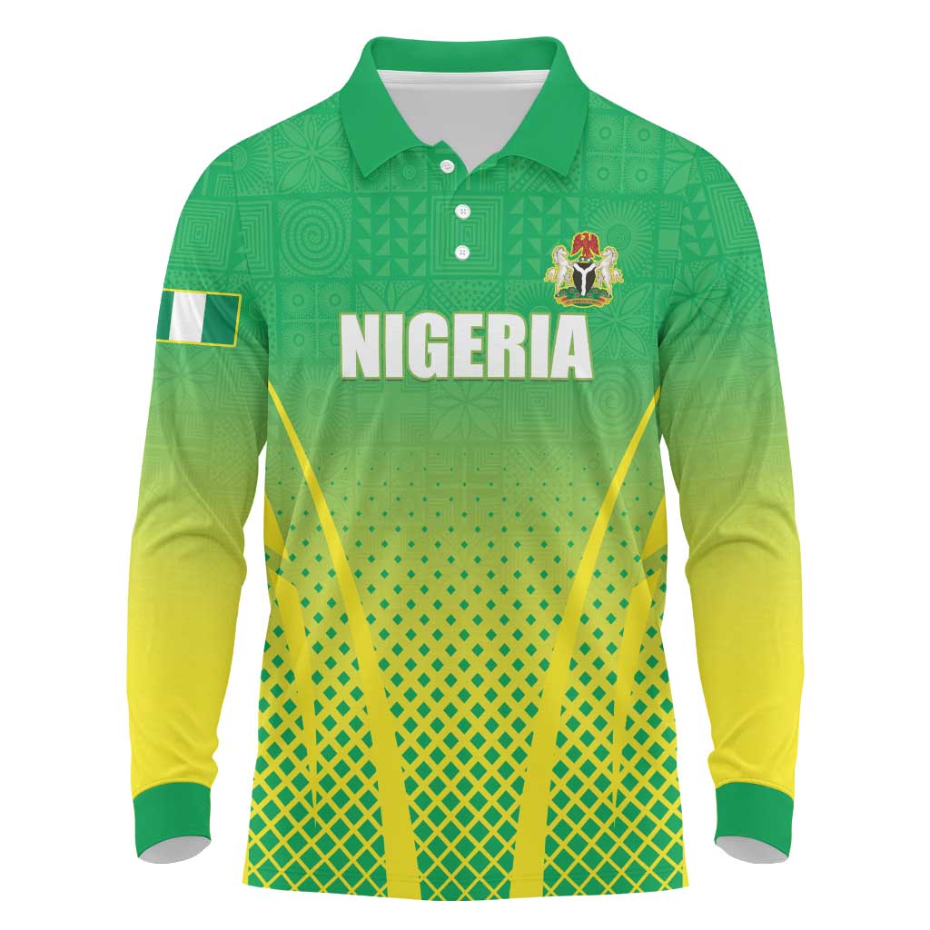 Custom Nigeria Cricket Long Sleeve Polo Shirt Go Yellow Greens - African Pride