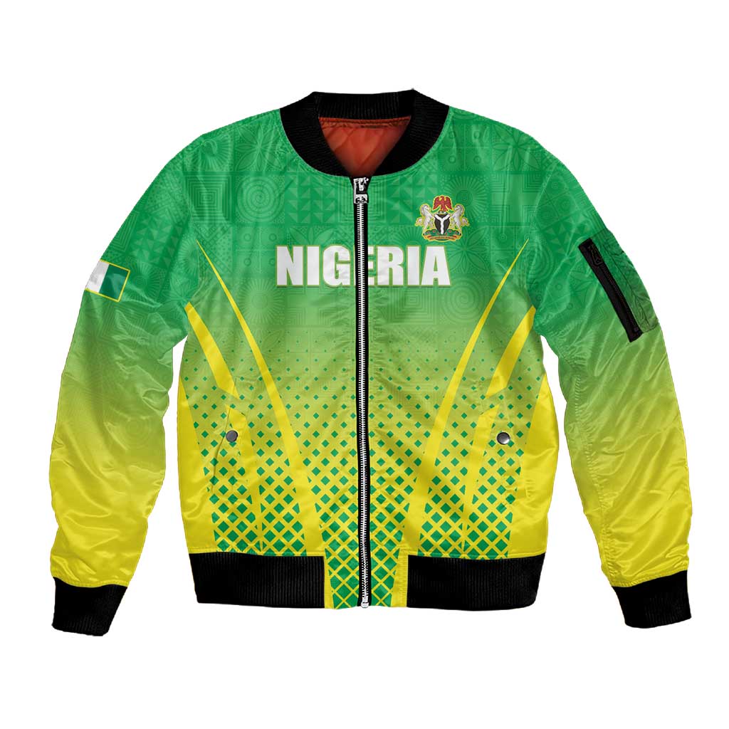Custom Nigeria Cricket Sleeve Zip Bomber Jacket Go Yellow Greens - African Pride