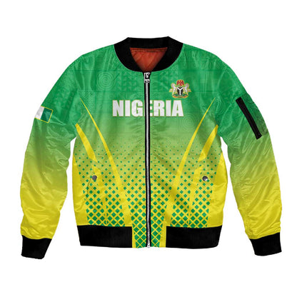 Custom Nigeria Cricket Sleeve Zip Bomber Jacket Go Yellow Greens - African Pride