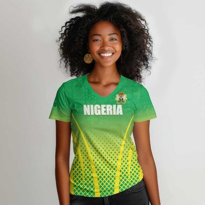 Custom Nigeria Cricket Women V-Neck T-Shirt Go Yellow Greens - African Pride