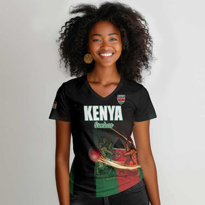 Custom Kenya Cricket Women V-Neck T-Shirt Come On Simbas - African Pride
