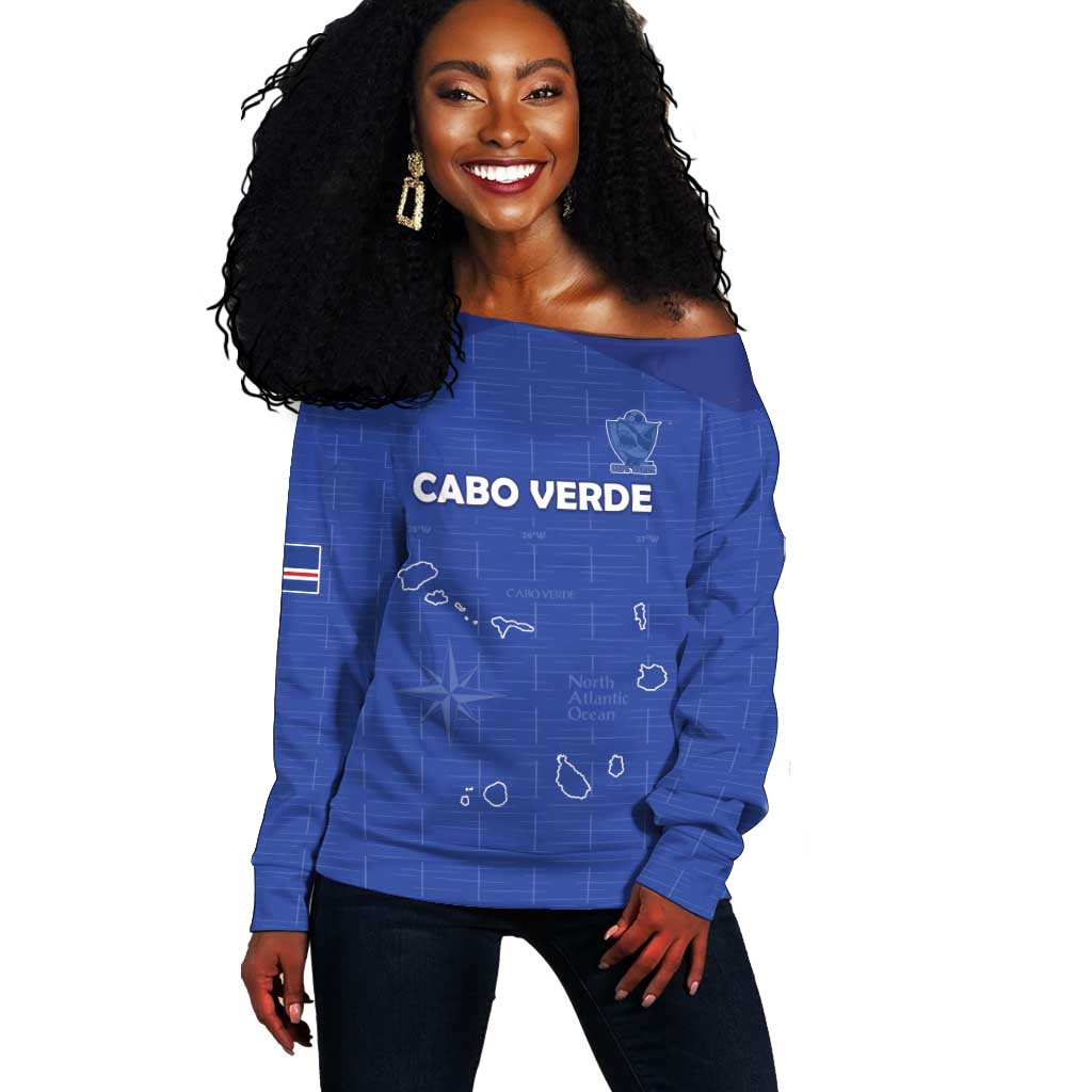 Custom Cabo Verde Football Off Shoulder Sweater Go Tubaroes Azuis Go - Blue - African Pride