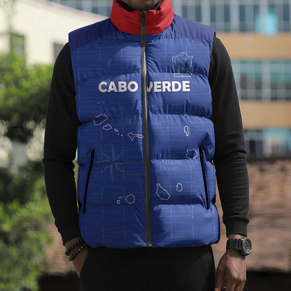 Custom Cape Verde Football Sleeveless Puffer Jacket Come On Tubaroes Azuis - Blue