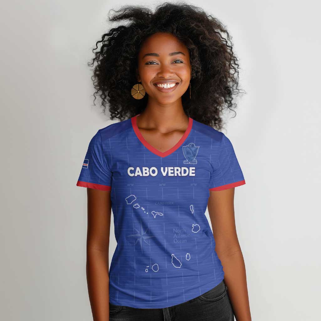 Custom Cabo Verde Football Women V-Neck T-Shirt Go Tubaroes Azuis Go - Blue - African Pride