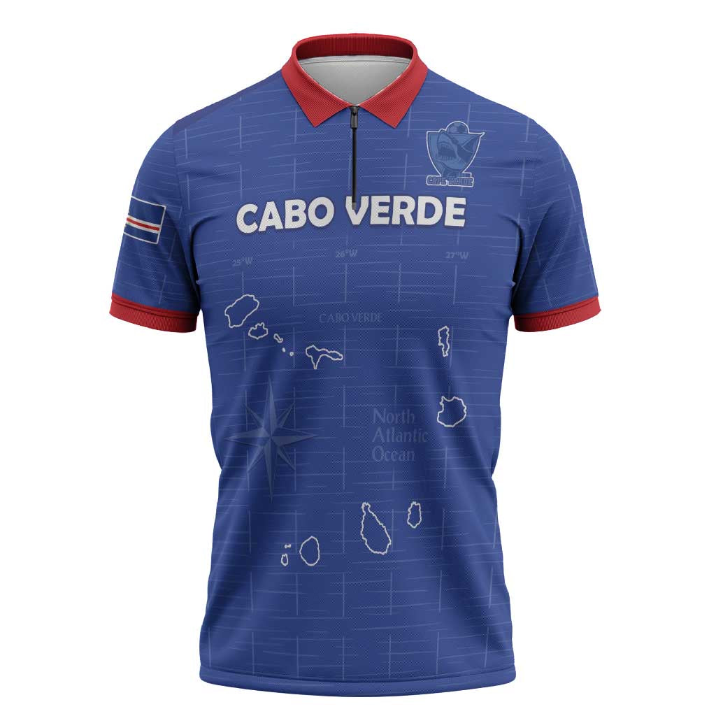 Custom Cape Verde Football Zipper Polo Shirt Come On Tubaroes Azuis - Blue