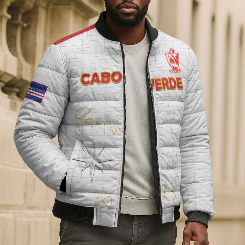 Custom Cape Verde Football Bomber Puffer Jacket Come On Tubaroes Azuis - White