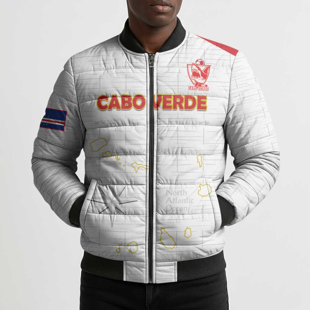 Custom Cape Verde Football Bomber Puffer Jacket Come On Tubaroes Azuis - White