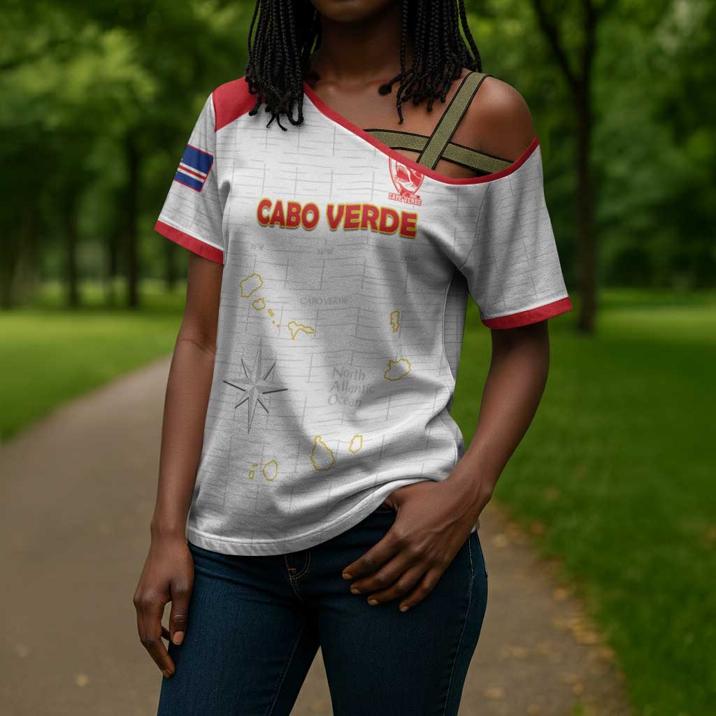 Custom Cape Verde Football Cross Shoulder Shirt Come On Tubaroes Azuis - White
