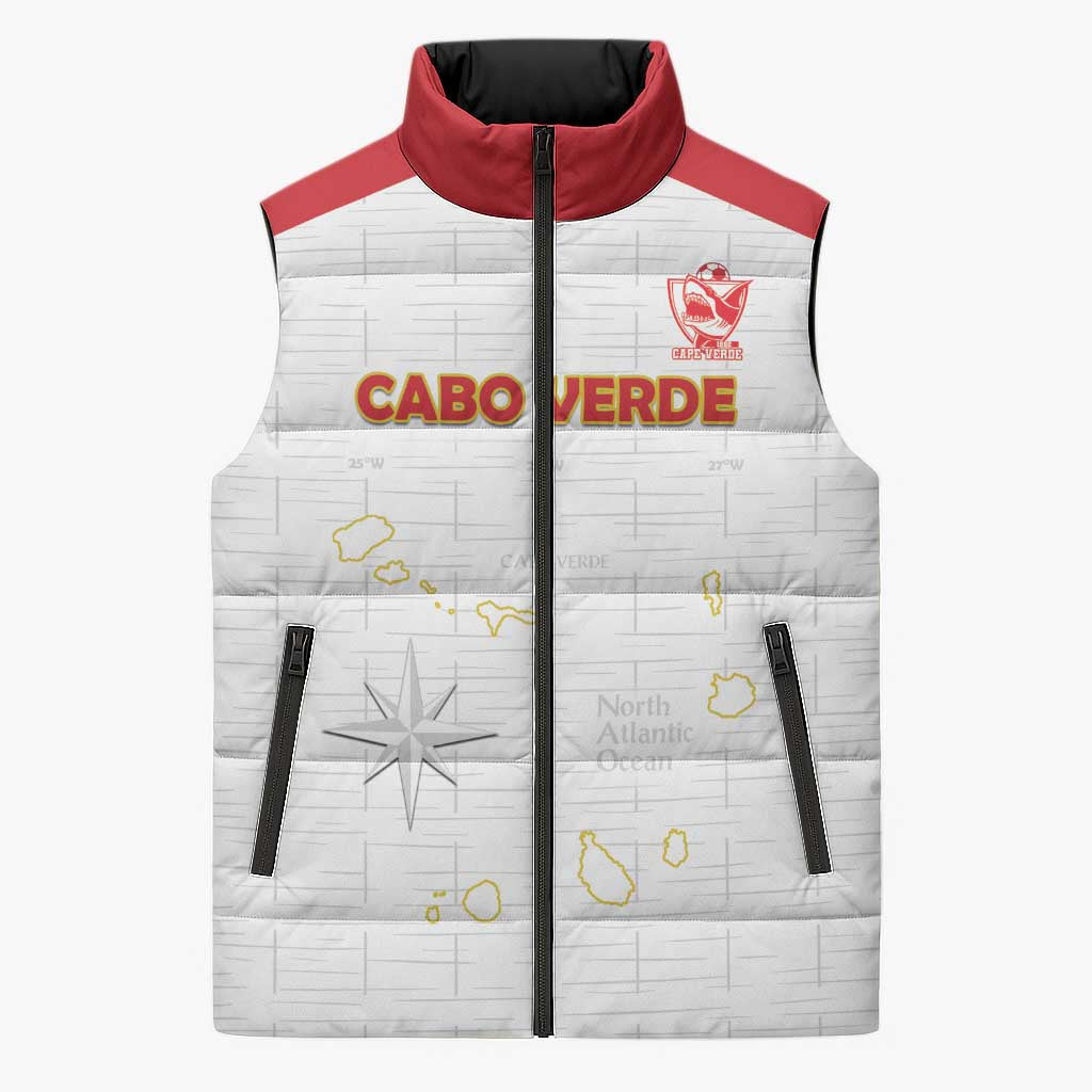 Custom Cape Verde Football Sleeveless Puffer Jacket Come On Tubaroes Azuis - White