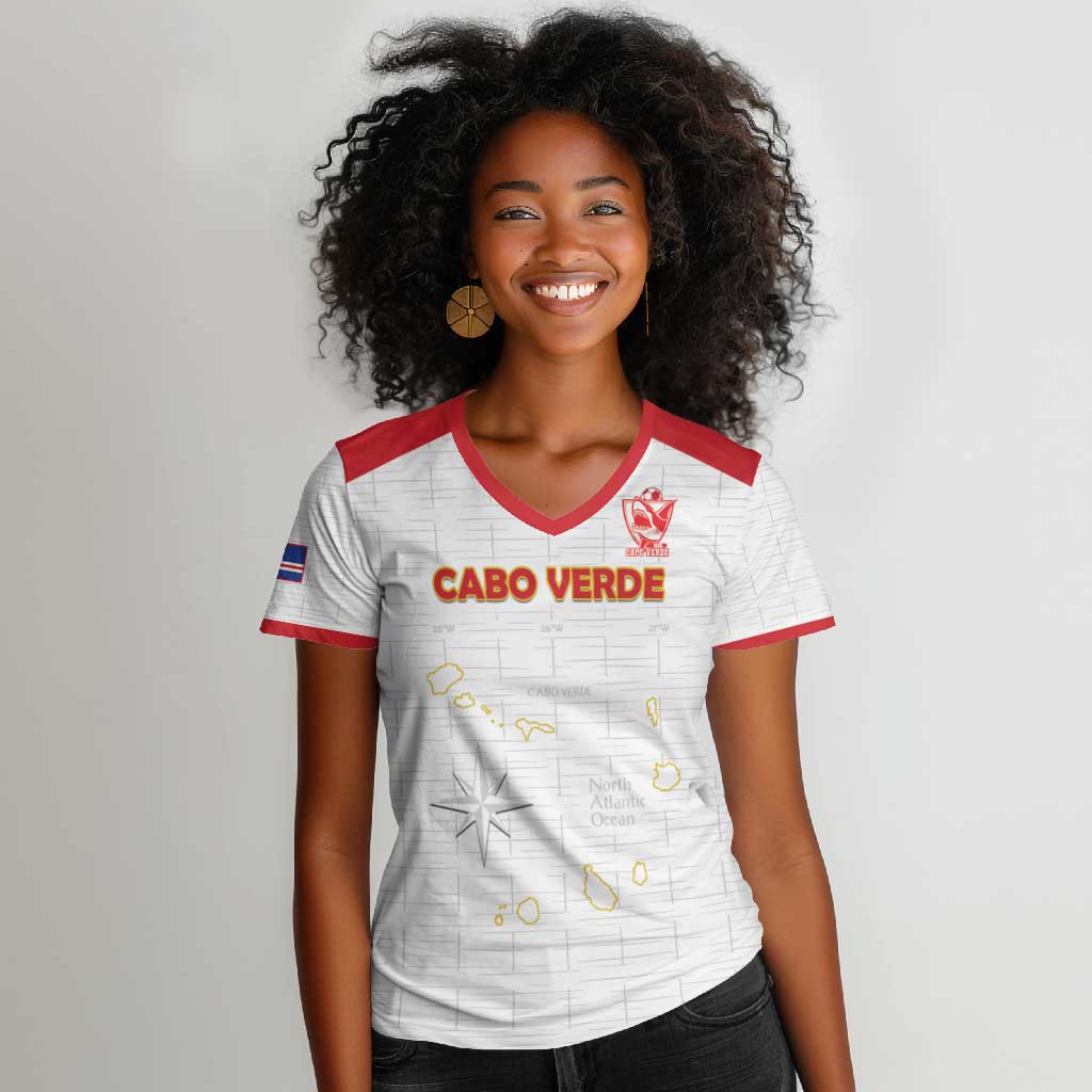 Custom Cabo Verde Football Women V-Neck T-Shirt Go Tubaroes Azuis Go - White - African Pride
