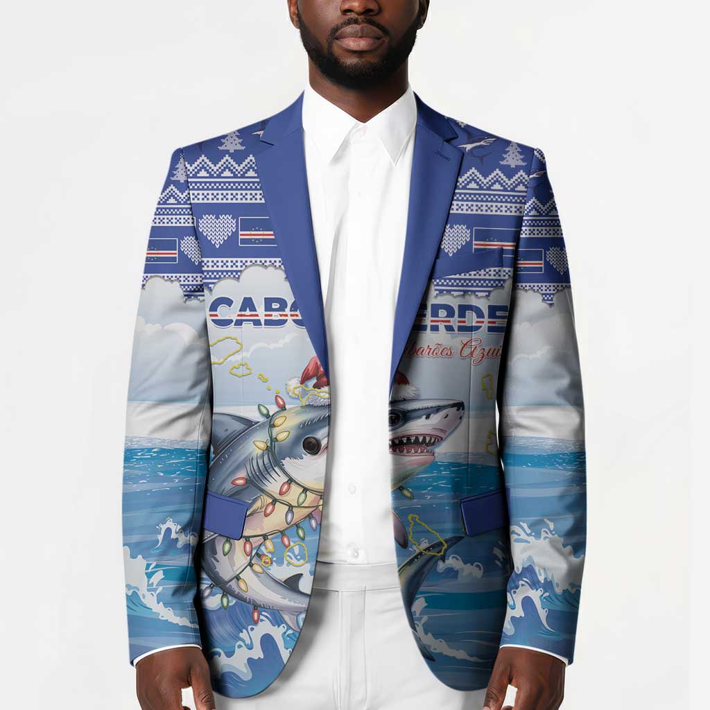 Personalized Cape Verde Football Christmas Blazer Feliz Natal Tubaroes Azuis