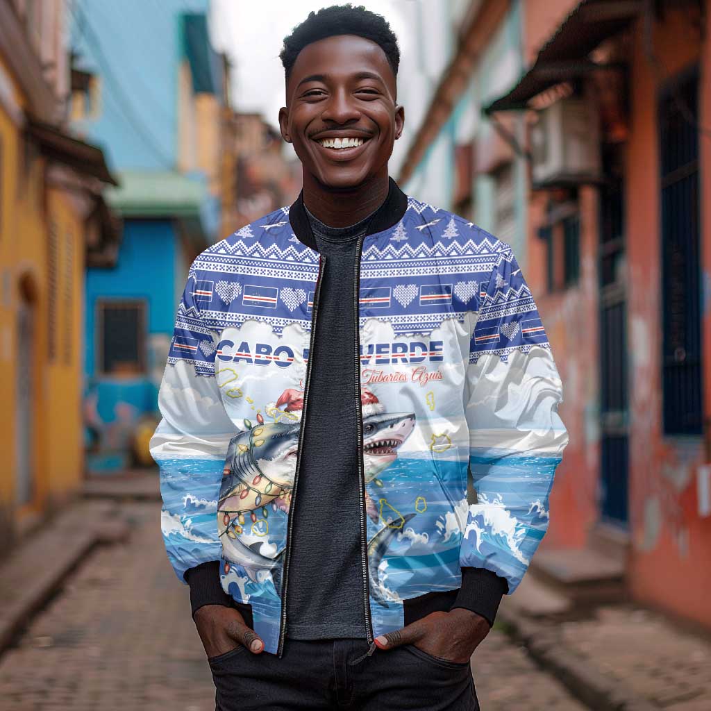 Afro Chirstmas Cabo Verde Football Personalized Bomber Jacket Allez Tubaroes Azuis - African Pride