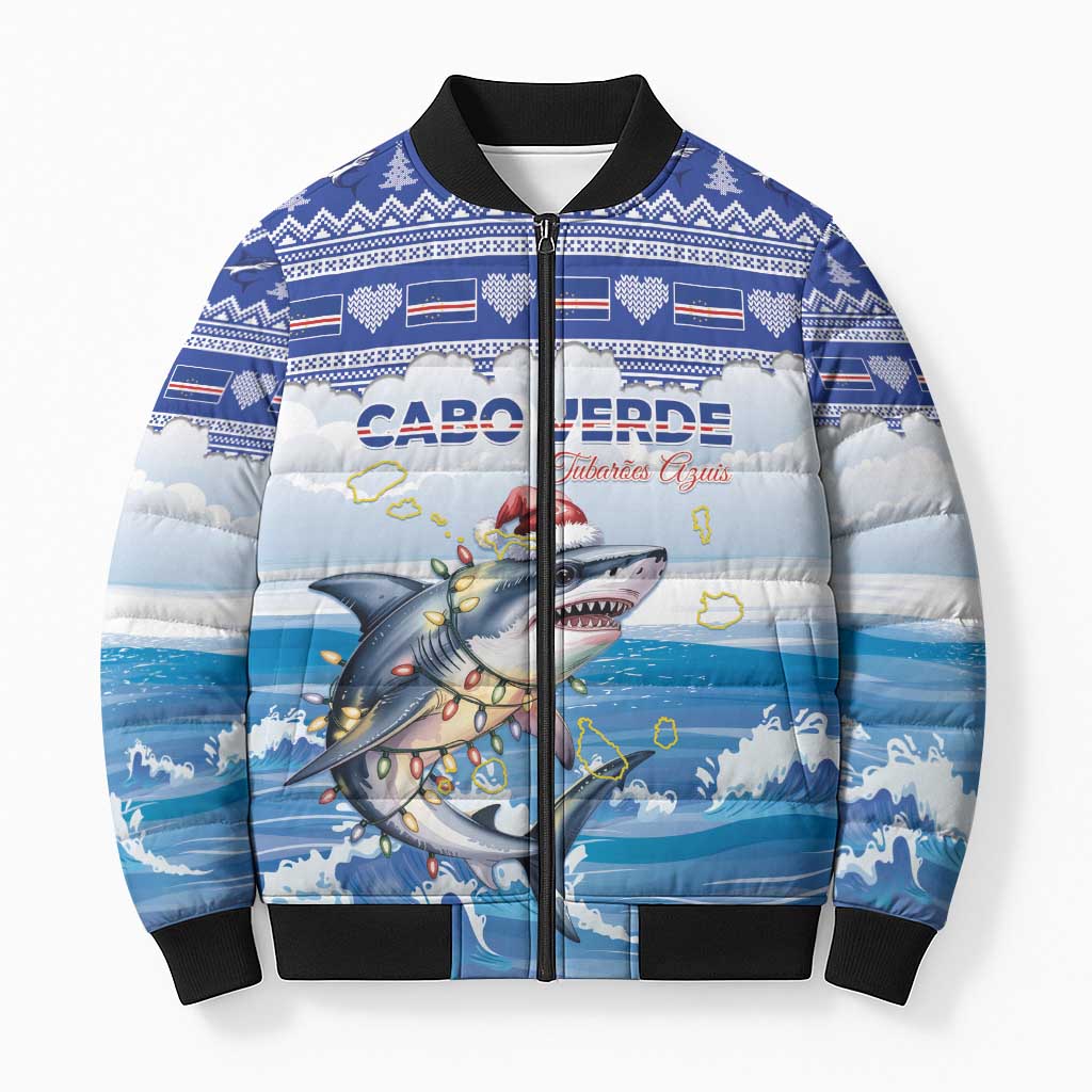 Personalized Cape Verde Football Christmas Bomber Puffer Jacket Feliz Natal Tubaroes Azuis