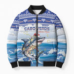 Personalized Cape Verde Football Christmas Bomber Puffer Jacket Feliz Natal Tubaroes Azuis