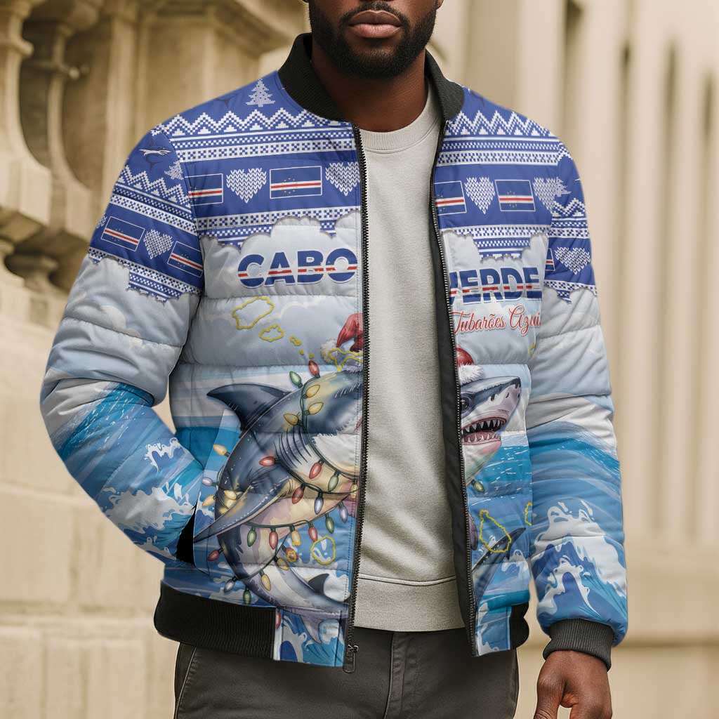 Personalized Cape Verde Football Christmas Bomber Puffer Jacket Feliz Natal Tubaroes Azuis