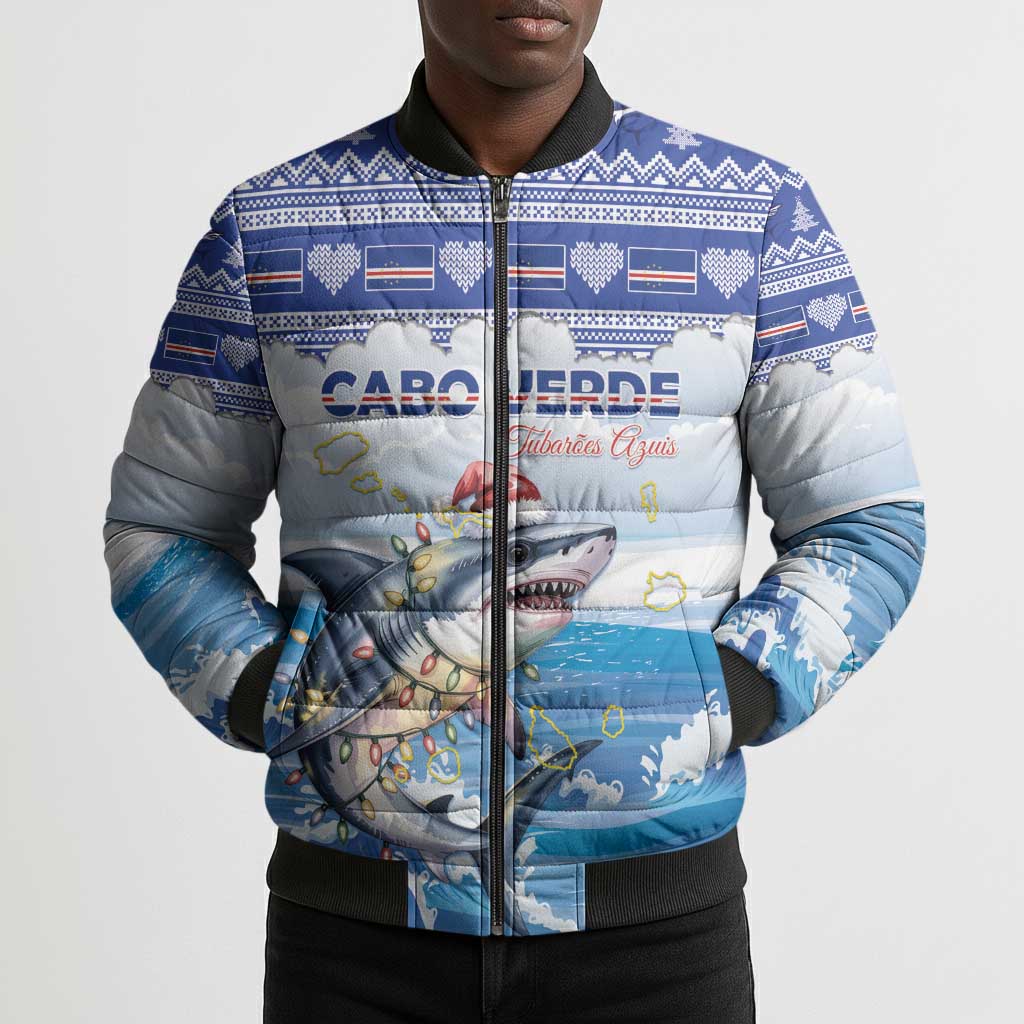 Personalized Cape Verde Football Christmas Bomber Puffer Jacket Feliz Natal Tubaroes Azuis
