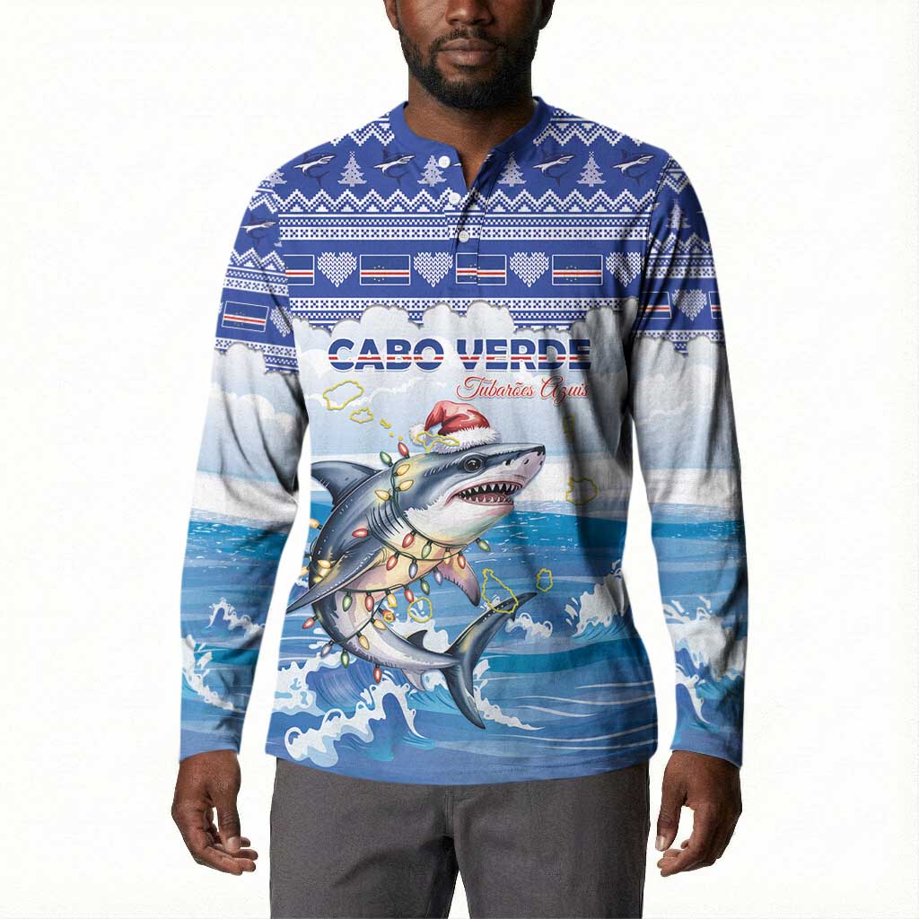 Personalized Cape Verde Football Christmas Button Sweatshirt Feliz Natal Tubaroes Azuis