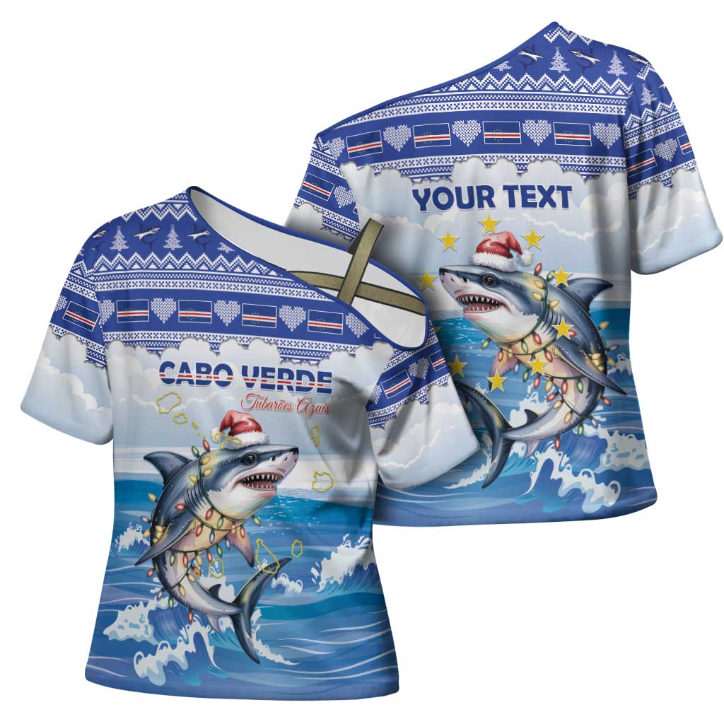 Personalized Cape Verde Football Christmas Cross Shoulder Shirt Feliz Natal Tubaroes Azuis
