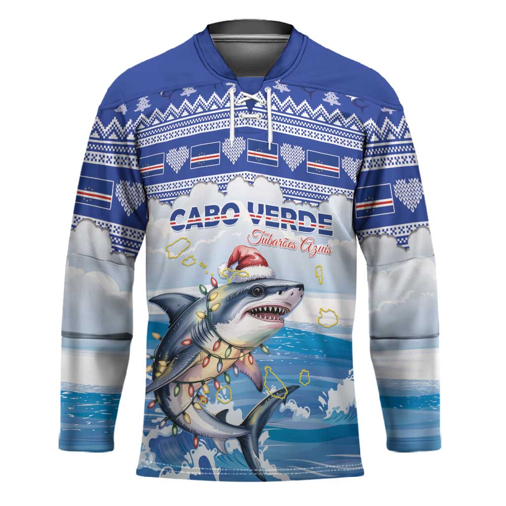 Personalized Cape Verde Football Christmas Hockey Jersey Feliz Natal Tubaroes Azuis