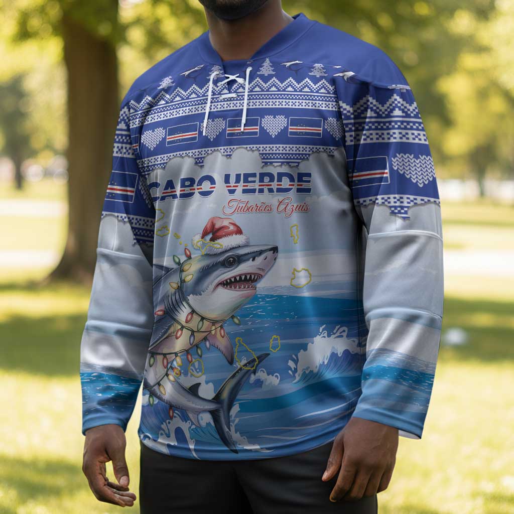 Personalized Cape Verde Football Christmas Hockey Jersey Feliz Natal Tubaroes Azuis
