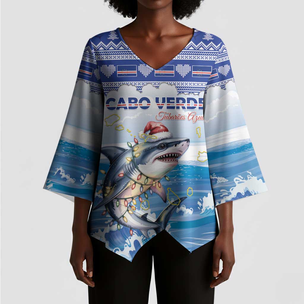 Personalized Cape Verde Football Christmas Kimono Sleeve Blouse Feliz Natal Tubaroes Azuis