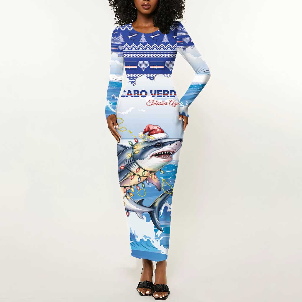 Afro Chirstmas Cabo Verde Football Personalized Long Sleeve Bodycon Dress Allez Tubaroes Azuis - African Pride