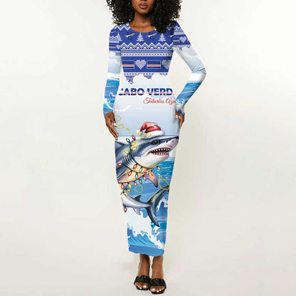 Afro Chirstmas Cabo Verde Football Personalized Long Sleeve Bodycon Dress Allez Tubaroes Azuis - African Pride