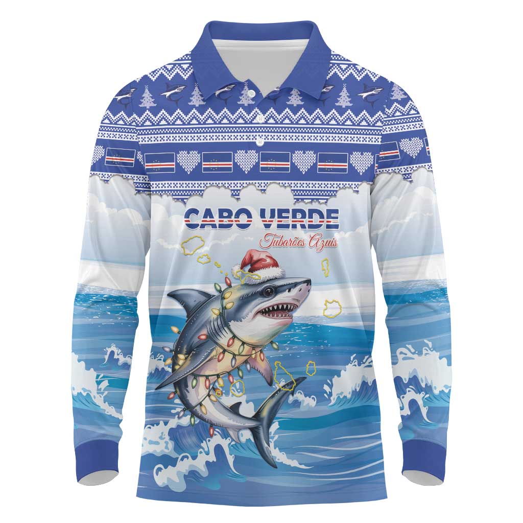 Afro Chirstmas Cabo Verde Football Personalized Long Sleeve Polo Shirt Allez Tubaroes Azuis - African Pride