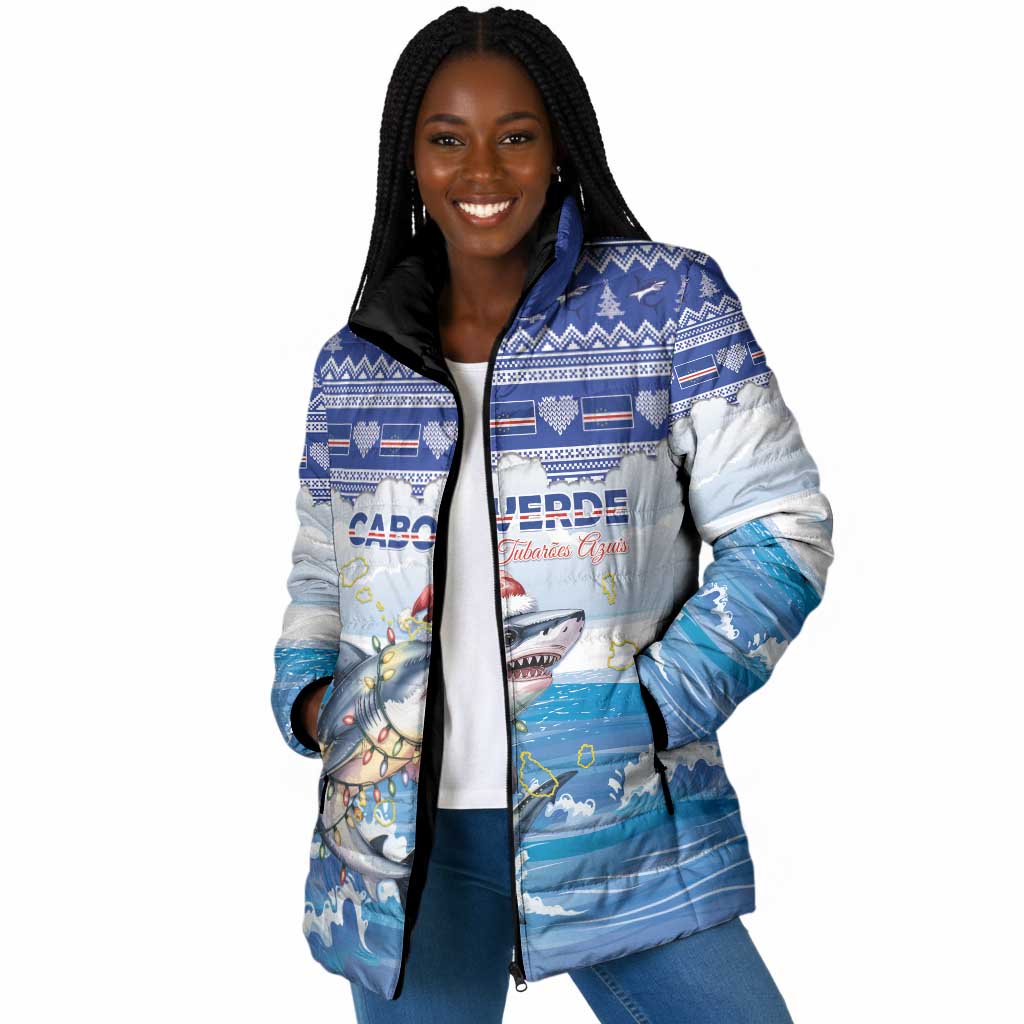 Personalized Cape Verde Football Christmas Padded Jacket Feliz Natal Tubaroes Azuis