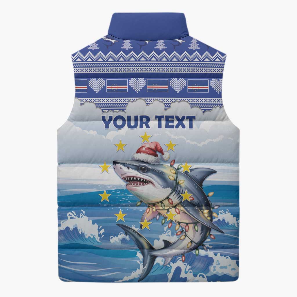 Personalized Cape Verde Football Christmas Sleeveless Puffer Jacket Feliz Natal Tubaroes Azuis