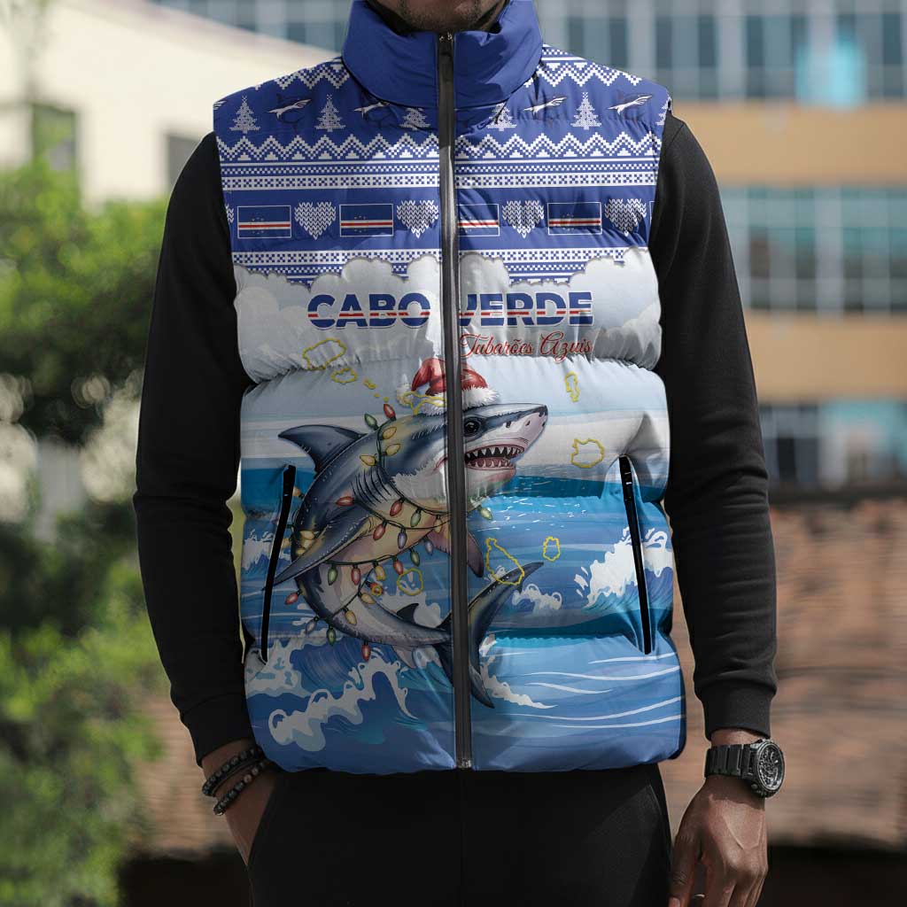 Personalized Cape Verde Football Christmas Sleeveless Puffer Jacket Feliz Natal Tubaroes Azuis