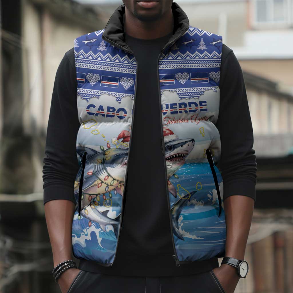 Personalized Cape Verde Football Christmas Sleeveless Puffer Jacket Feliz Natal Tubaroes Azuis