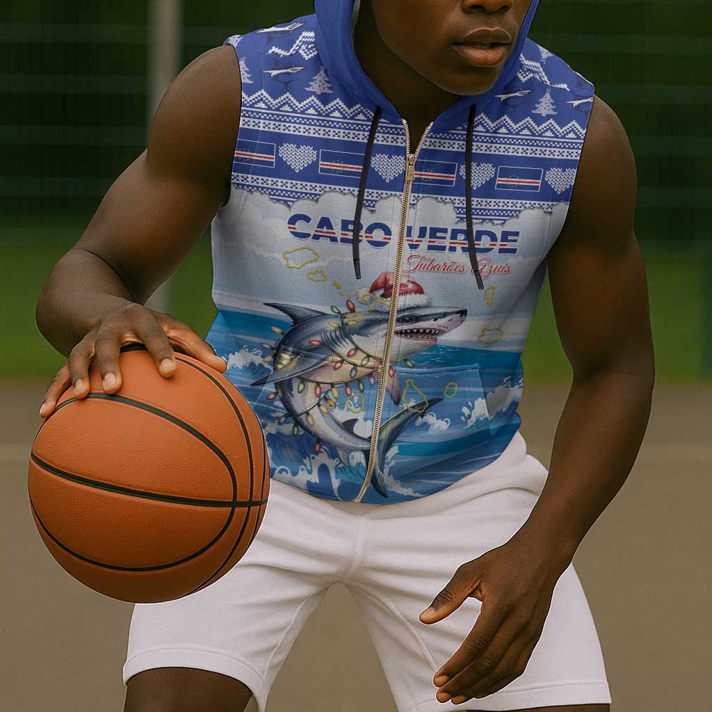 Afro Chirstmas Cabo Verde Football Personalized Sleeveless Zip Hoodie Allez Tubaroes Azuis - African Pride