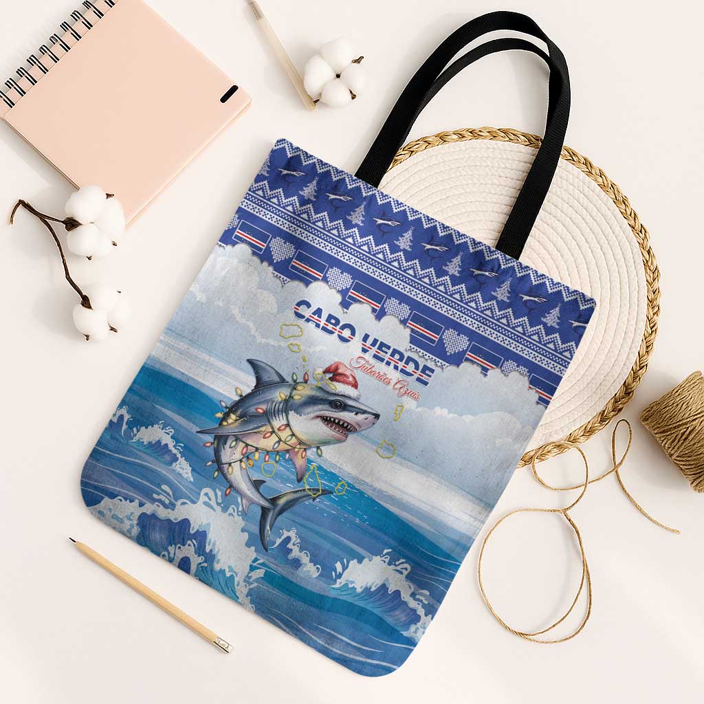 Cape Verde Football Christmas Tote Bag Feliz Natal Tubaroes Azuis