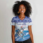 Afro Chirstmas Cabo Verde Football Personalized Women V-Neck T-Shirt Allez Tubaroes Azuis - African Pride
