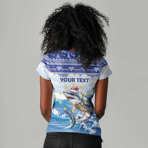 Afro Chirstmas Cabo Verde Football Personalized Women V-Neck T-Shirt Allez Tubaroes Azuis - African Pride