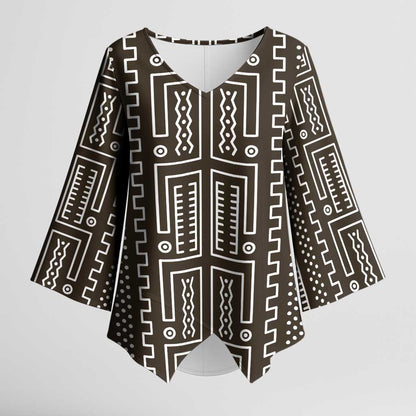 Mali Mud Cloth Kimono Sleeve Blouse Bogolanfini Pattern