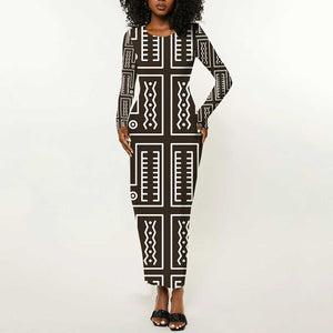 Mali Mud Cloth Bogolanfini Pattern Long Sleeve Bodycon Dress - African Pride