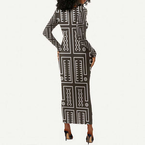 Mali Mud Cloth Bogolanfini Pattern Long Sleeve Bodycon Dress - African Pride