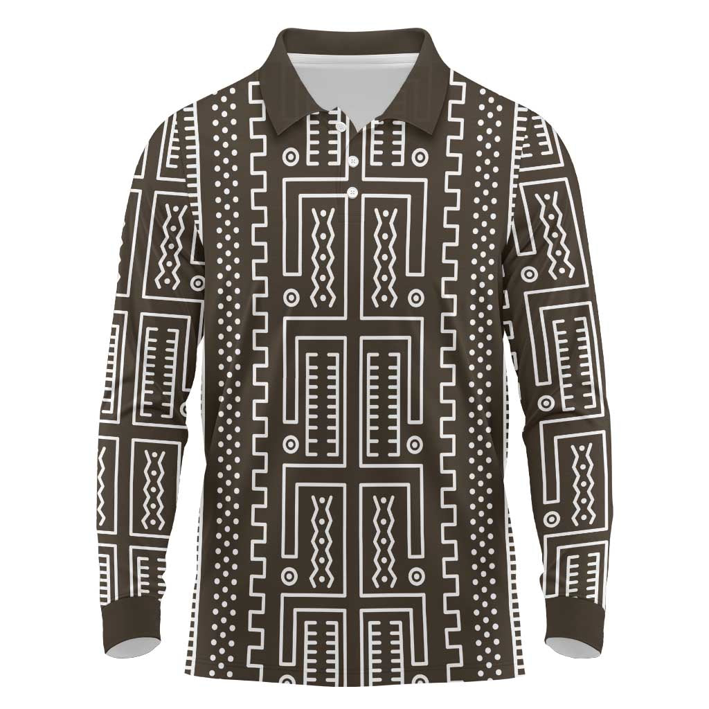 Mali Mud Cloth Bogolanfini Pattern Long Sleeve Polo Shirt - African Pride
