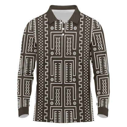 Mali Mud Cloth Bogolanfini Pattern Long Sleeve Polo Shirt - African Pride